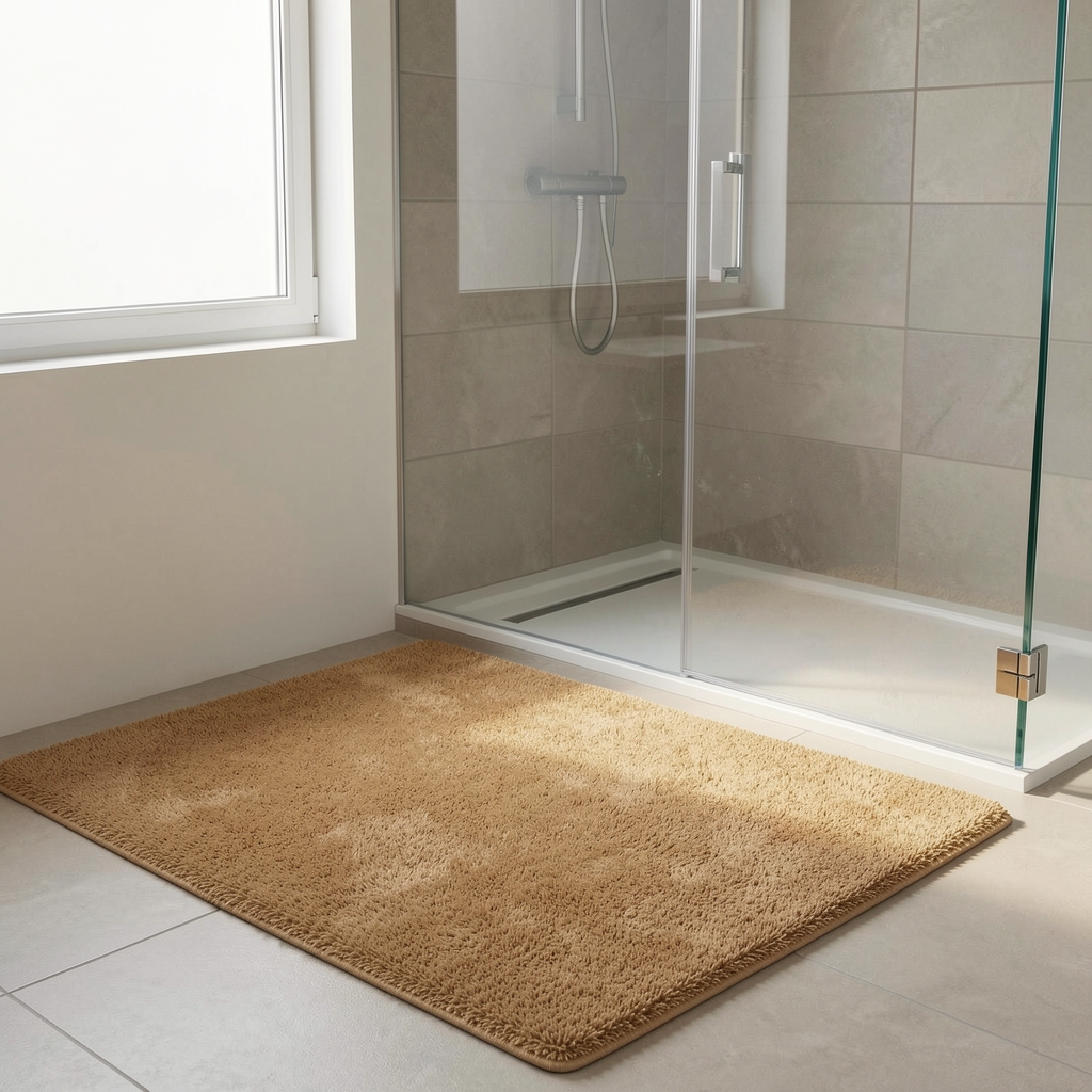 Alfombra rectangular de baño color arena junto a una ducha de vidrio sin personas