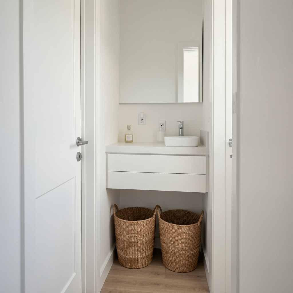 Baño pequeño con estante flotante blanco y canastos angostos junto a la puerta