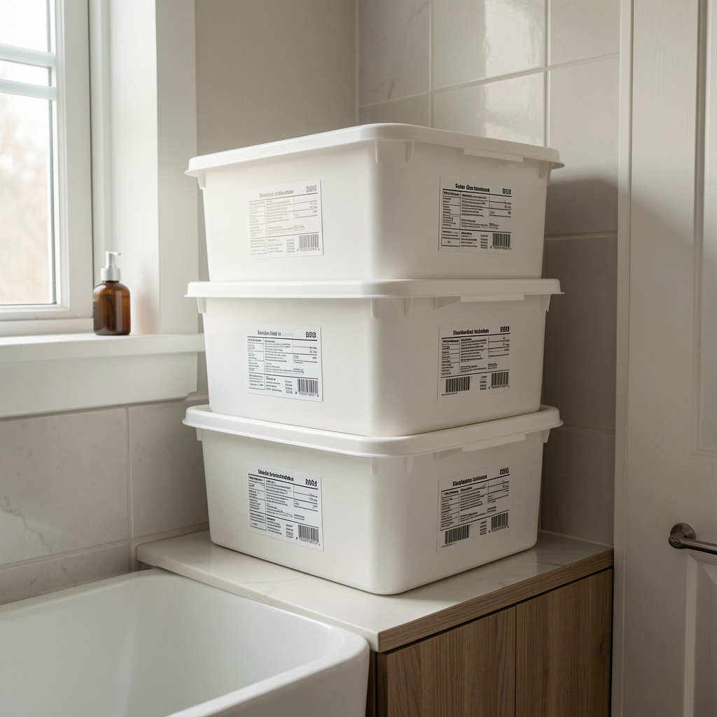Contenedores apilables de plástico blanco con etiquetas en un mueble de baño