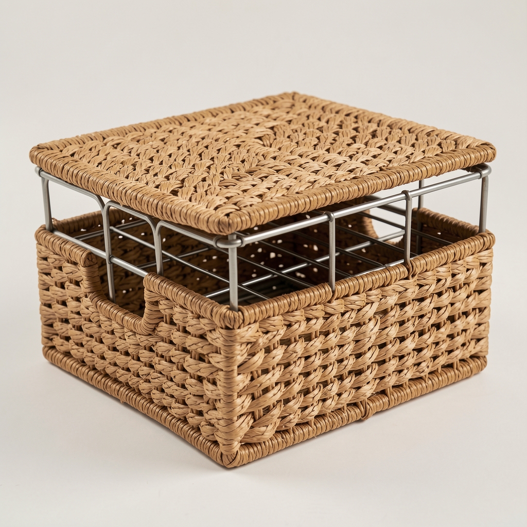 Canasto rectangular de fibras naturales con tapa flexible y estructura metálica interior