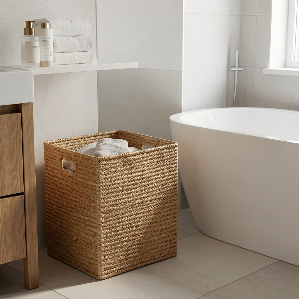 Canasto rectangular de fibras naturales para ropa ubicado junto a un mueble de baño