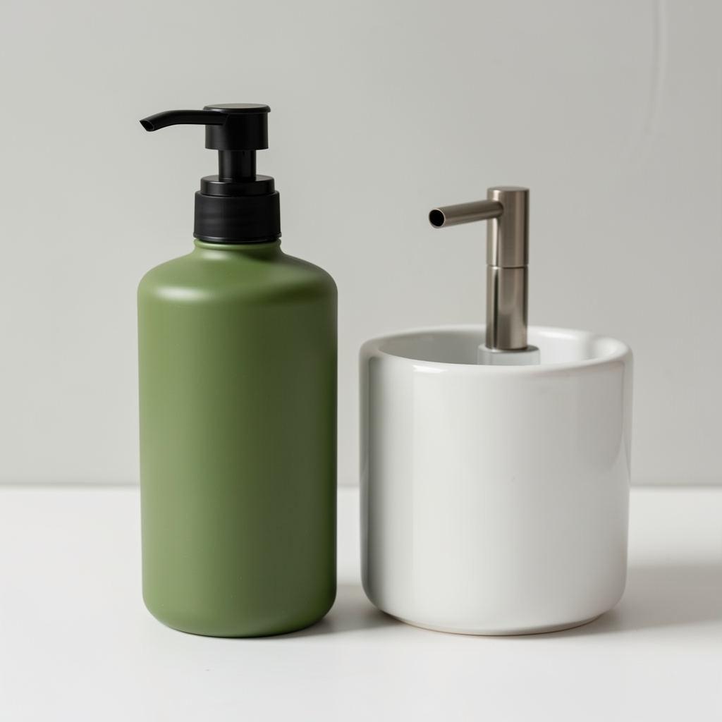 Dosificador de jabón líquido verde mate junto a una jabonera de cerámica blanca