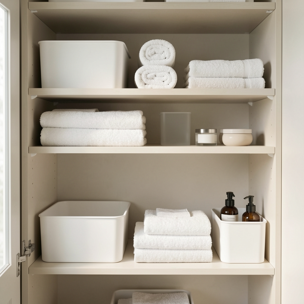 Estantes de baño con contenedores blancos, toallas dobladas y accesorios ordenados
