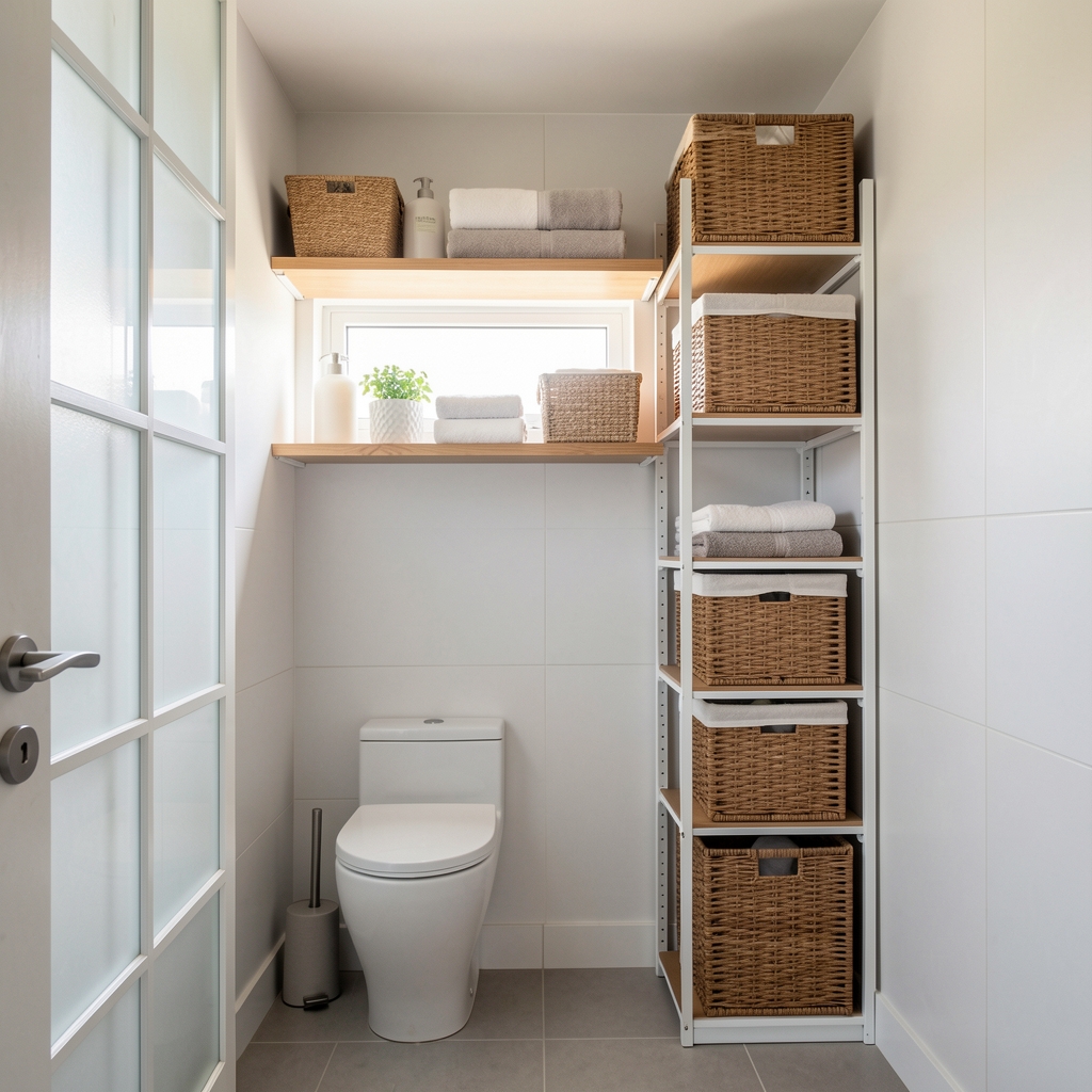Baño pequeño con estantes y canastos de almacenamiento sin personas