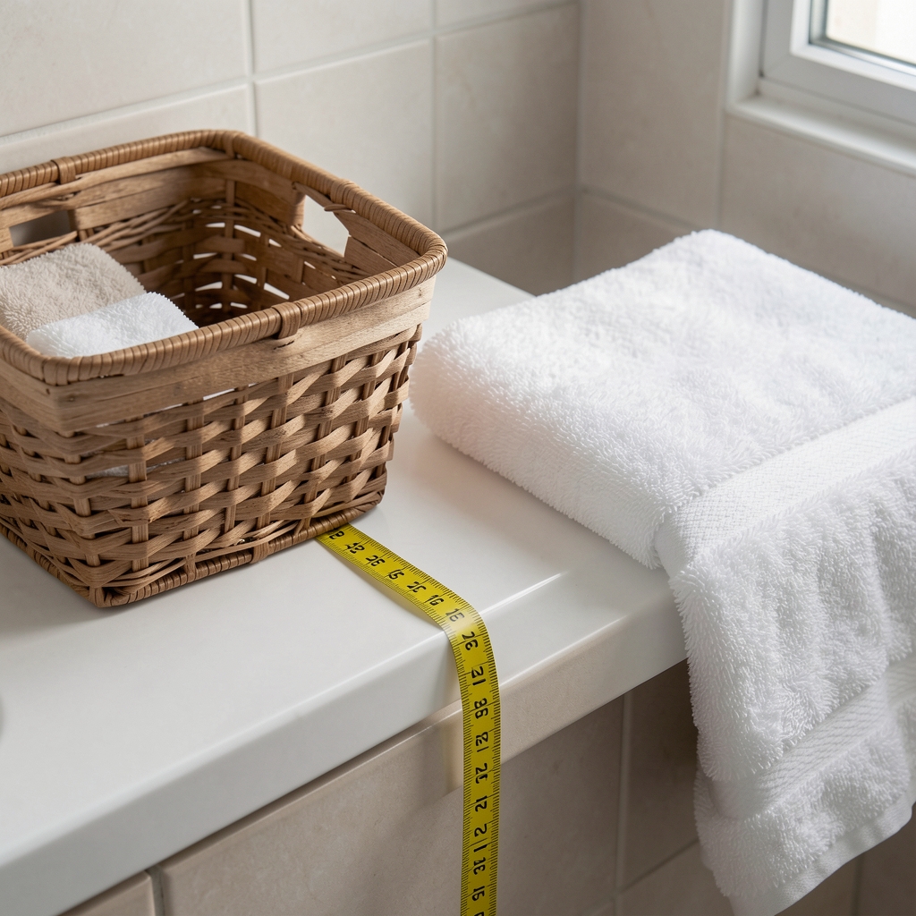 Cinta métrica extendida sobre una repisa de baño junto a un canasto y una toalla doblada