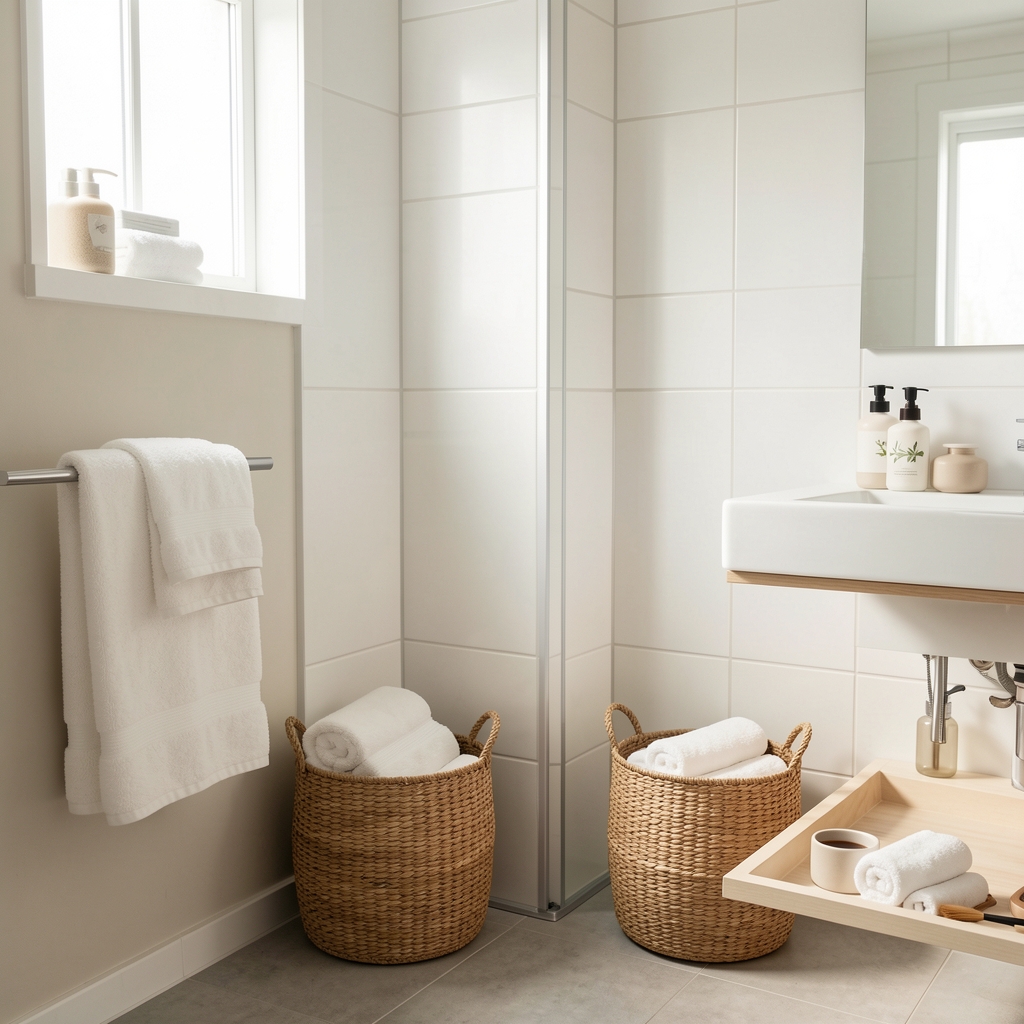 Baño luminoso y ordenado con toallas de algodón, canastos y accesorios de cerámica sin personas