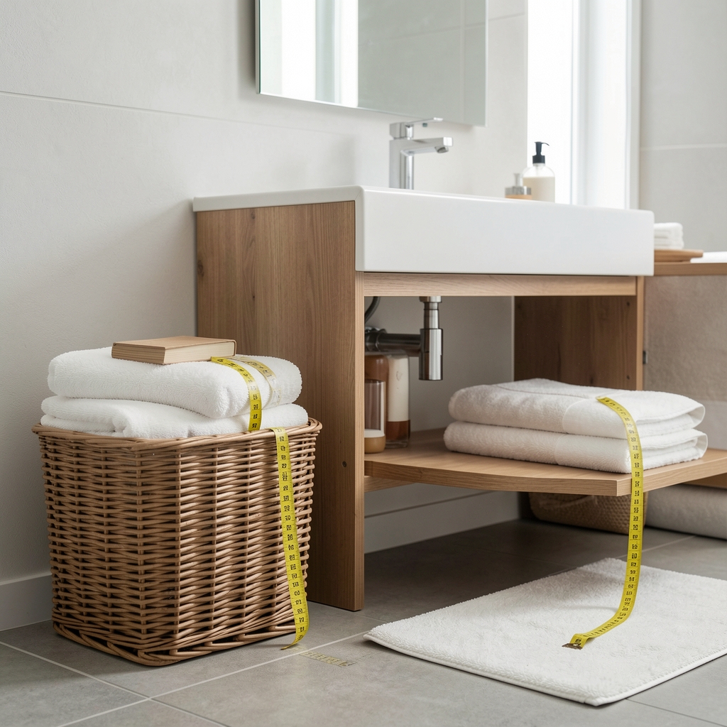 Cinta métrica junto a canastos y toallas que muestran cómo planificar un mueble de baño
