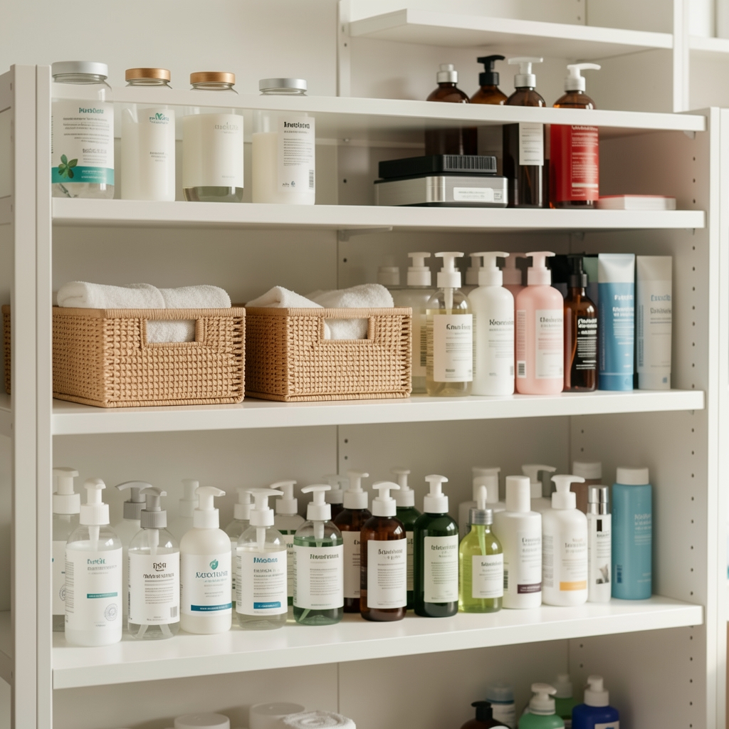 Cajas organizadoras y frascos para guardar productos de higiene sobre estantes blancos