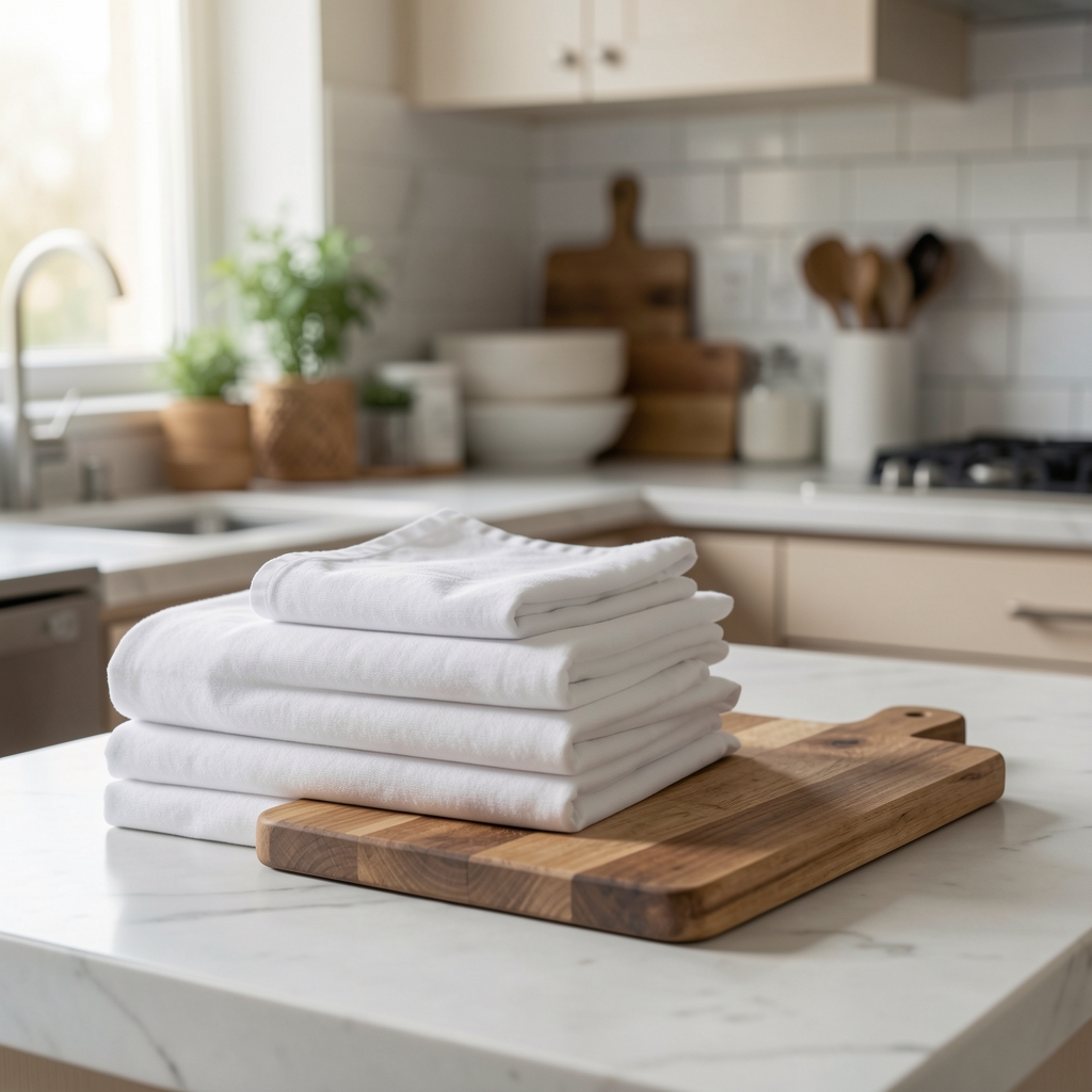 Paños de algodón blanco apilados junto a una tabla de madera en la cocina