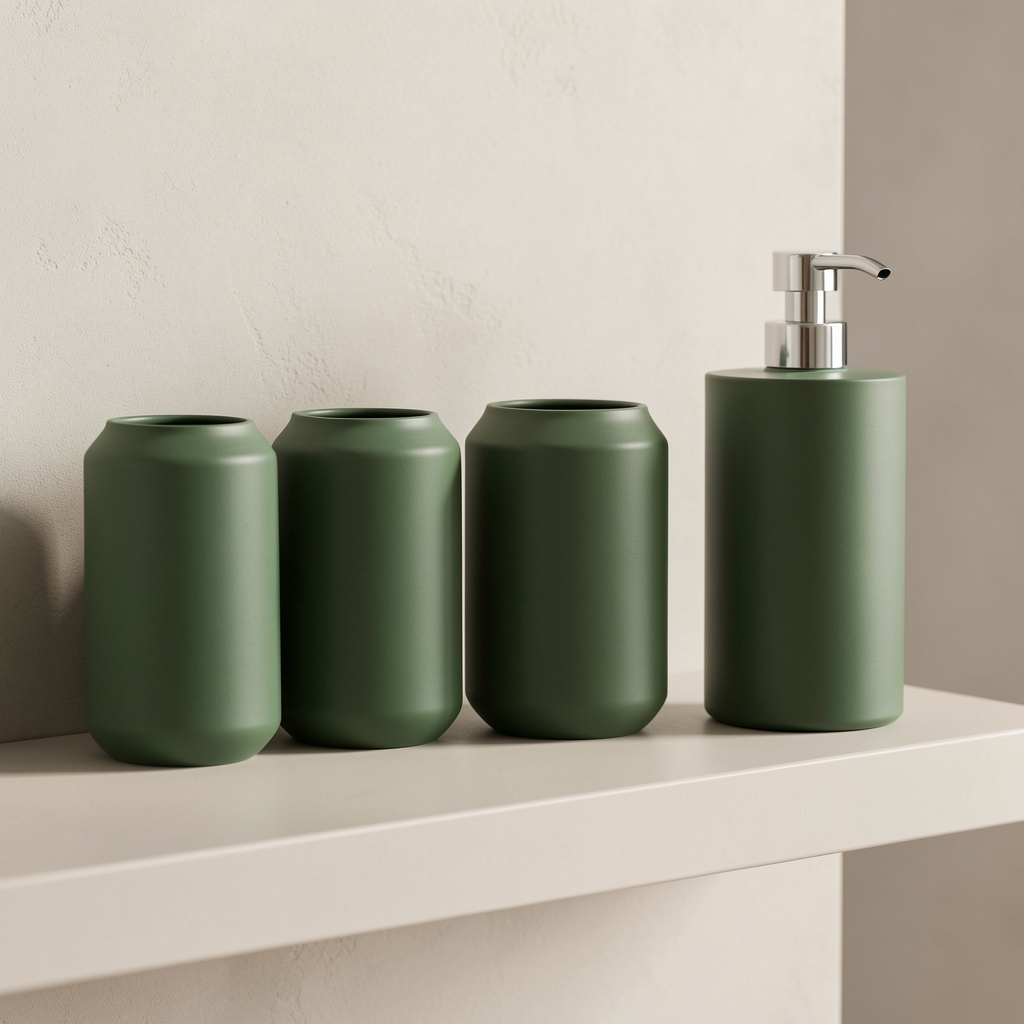 Vasos de baño verde mate alineados junto a un dispensador sobre una repisa clara